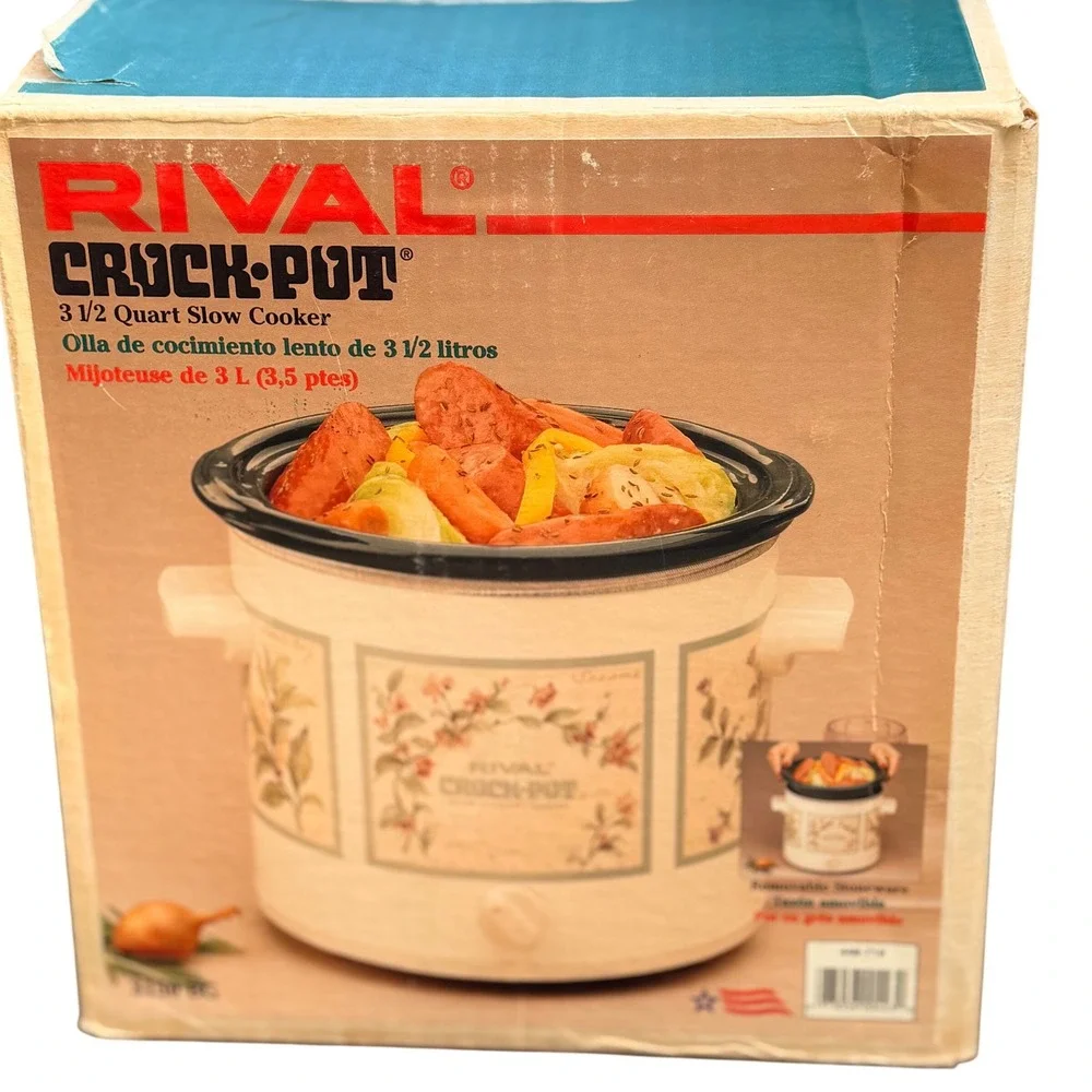 Rival Crock-Pot Slow Cooker 3.5 Quart Cream Green Stoneware Vintage Floral 3150